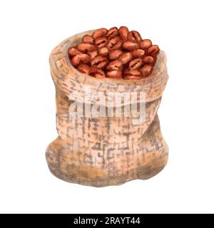 Coffee beans in a woven canvas bag.International Coffee Day.Watercolor and marker illustration. Stock Photo