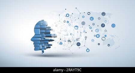Smart City, Automated Digital Control, Deep Learning, Artificial Intelligence and Future Technology Concept Design with Cityscape Forming a Human Head Stock Vector