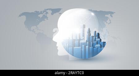 Smart City, Automated Digital Control, Deep Learning, Artificial Intelligence and Future Technology Concept Design with Cityscape Forming a Human Head Stock Vector