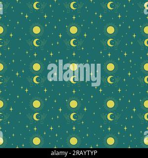 Seamless pattern of sun and moon in hands. Astrology and sacred art on green background. Stock Vector