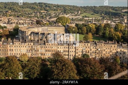 Arial view of The Royal Crescent in the City Of Bath from above Stock Photo