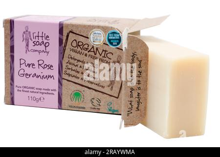 110g Bar of Pure Rose Geranium Organic Soap from The Little Soap Company Stock Photo