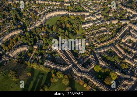 Arial view of The Royal Crescent in the City Of Bath from above Stock Photo