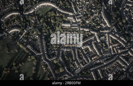 Royal Crescent in City Of Bath from above arial view Stock Photo