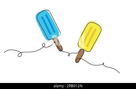 Two ice creams on stick vector iliustration in Ukrainian colors yellow and blue. One line art drawing ice cream print Stock Vector