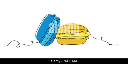 Macaroons cookies one continuous line art drawing vector illustration. Yellow and blue macaroons single line art Stock Vector