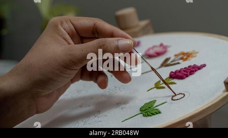 A Relaxing Embroidery Flower Project - Embracing a Creative Life, Concept Photo Stock Photo