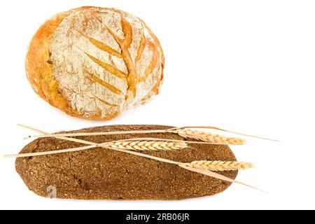 Bread ,baguette and ears of wheat isolated on white background. Free space for text. Stock Photo
