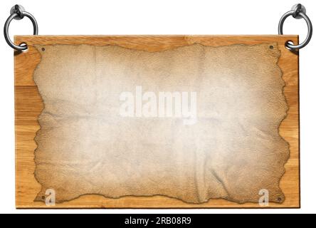 Wooden sign with blank parchment (old paper sheet) and and steel rings for hanging. Isolated on white background and copy space, template. Stock Photo