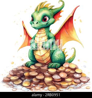 Fantasy cute dragon on the mountain of coins christmas, great design watercolor White color background. New Year 2024 Vector art illustration. Cartoon Stock Vector