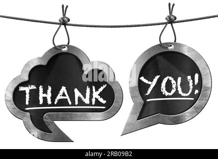 3D illustration of two speech bubbles with text Thank You in English language, hanging from a steel cable and isolated on a white background. Stock Photo