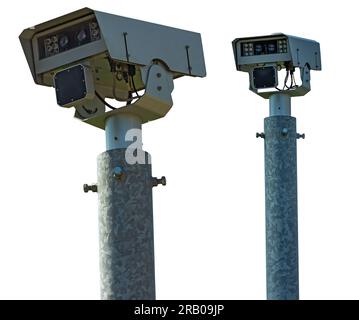 Close-up of a modern speed camera (traffic speed monitoring camera). Isolated on white background, photography. Stock Photo