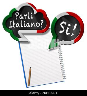 Two speech bubbles with Italian flag and question Parli Italiano? and Si! (Do you speak Italian? and Yes!). Blank note book with copy space, isolated Stock Photo