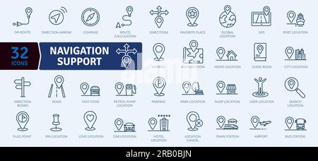 Terrestrial navigation support icon pack. Collection of thin line icons that support digital navigation Stock Vector