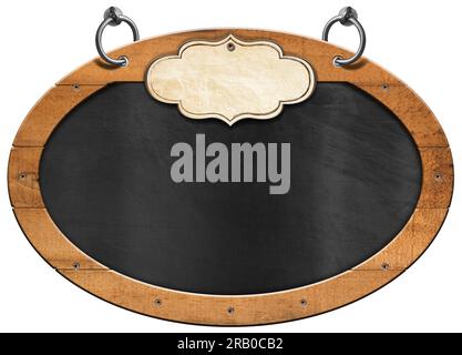 Old blank blackboard with wooden oval frame and empty label. Steel rings for hanging. Isolated on white background and copy space, template. Stock Photo
