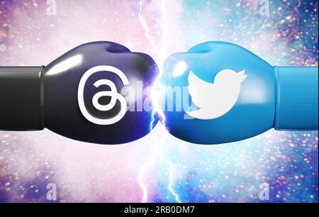 Valencia, Spain - July, 2023: Threads VS Twitter app icons face to face in 3D illustration. Threads is a new social media app by Instagram and Meta fo Stock Photo