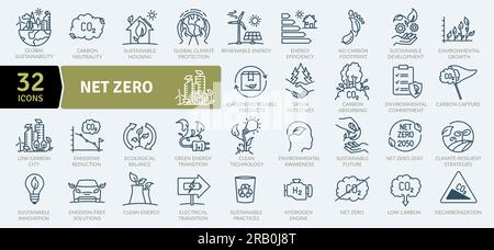 Net Zero and reduction of emissions by 2050 icon pack. Collection of thin line icons Stock Vector