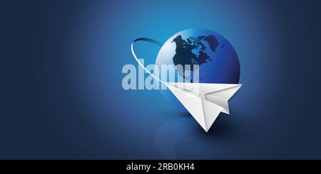 Paper Airplane Flying Around the Earth Globe - Transportation, Traveling Concept Stock Vector