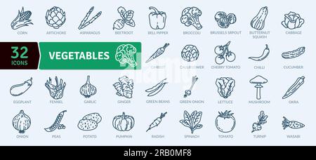 Fresh and Juicy Vegetables Icons. Line icons collection set. Simple vector icons Stock Vector