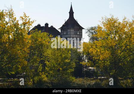 Old half-timbered house with square tower behind some autumn colorful trees on the Main river in Frankfurt Stock Photo