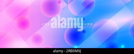 Bright pink and blue 3D abstract geometric background with circles, spheres and lines. Vector wide horizontal banner. Stock Vector