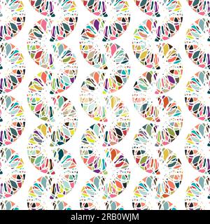 Mosaic chainlink vector pattern background. Colorful vertical rows of abstract interlocked style half moon shapes on white backdrop. Parallel zig zag Stock Vector