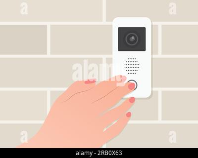woman hand pressing the house intercom with camera- vector illustration Stock Vector