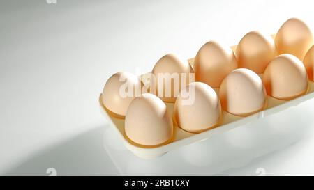 Chicken eggs in a white stand illuminated by the strong side light of the morning sun Stock Photo