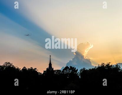 Silhouette of the Moscow University on Sparrow Hills against the background of a beautiful sunset Stock Photo