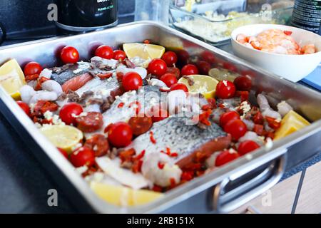 Salmon tray bake ready to put into the oven Stock Photo