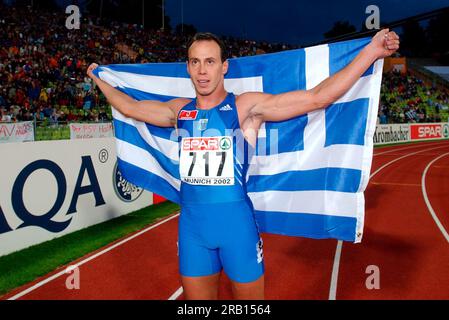 ARCHIVE PHOTO: Konstantinos KENTERIS will be 50 years old on July 11, 2023, Konstantinos KENTERIS, GRE, 200m European Champion, on August 9th, 2002, European Athletics Championships 2002 in Munich ?SVEN SIMON, Huyssenallee 40-42,45128 E ssen #tel.0201/23 45 56#fax 0201/23 45 39#Kto 1428150 C ommerzbank E ssen BLZ 36040039#www.SvenSimon.net. Stock Photo