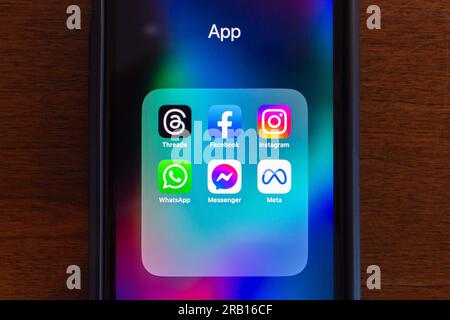 Vancouver, CANADA - Jul 5 2023 : Threads app, Facebook, Instagram, WhatsApp, Facebook Messenger and Meta Platform Inc icons seen in an iPhone screen. Stock Photo