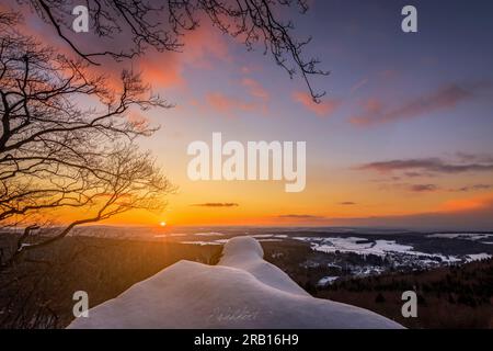 cold winter landscape with great sunset in Taunus in Germany Stock Photo