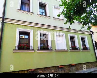Green houses facade with dark wooden windows and red flowers in flowerpots on the windowsill. Stock Photo
