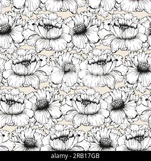 Chines peonies flower seamless pattern for textile. Hand drawn ink floral background Stock Vector