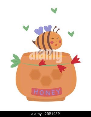 Cute bee on the honey jar, colorful illustration Stock Vector