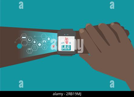 Human Interacting with Wearable Technology to Track Habits with Preventative Healthcare Advancements Stock Vector