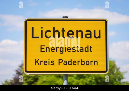 Lichtenau, North Rhine-Westphalia, Germany - Town entrance sign Lichtenau Energiestadt Krei Paderborn. The wind farm is an important showcase project for climate protection in East Westphalia and for the energy town of Lichtenau. Stock Photo