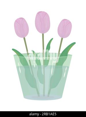Three pink tulips in vase, colorful illustration Stock Vector