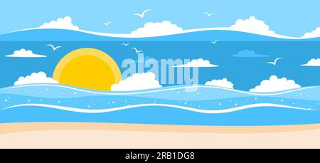 Seascape with sunset, waves, clouds and coastline. Vector illustration in flat style Stock Vector