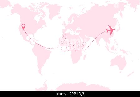 A pink airplane flying over a pink world map. Dashed route line in the form of word 'love'. Vector illustration Stock Vector
