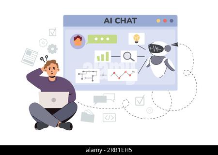 Artificial intelligence concept. Flat man using Ai technology for help with tasks and answer questions. Online communication with chat bot. Character chatting with chatbot, digital assistant in laptop Stock Vector