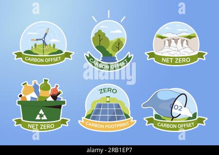 Set icons of net zero and carbon footprint. Sustainable development stickers. Green energy, reducing CO2 emissions design elements or labels. Eco friendly production, environmental safety. Stock Vector