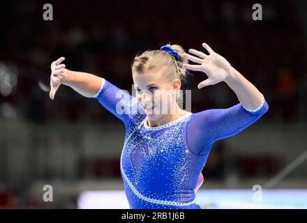 Winner Elisabeth SEITZ (MTV Stuttgart/ 1st place) action, ground, gymnastics all-around women on July 6th, 2023 in Duesseldorf/ Germany. The finals 2023 Rhine-Ruhr from 06.07 - 09.07.2023 Stock Photo