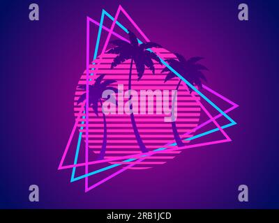 Retro waves banner with sun and palm trees in triangular frame. Futuristic retro sunset with palm trees in 80s style, gradient color. Synthwave style. Stock Vector