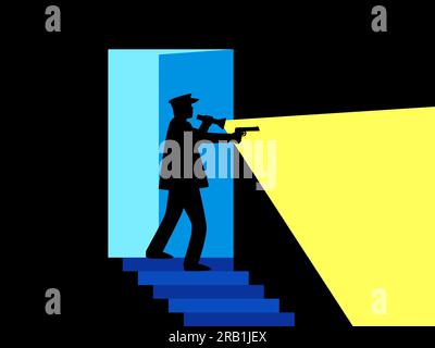 A policeman with a pistol and a flashlight on the steps. Open door with a man shining a flashlight and a gun in his hand in a dark room. Design for ba Stock Vector