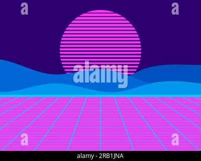 Retrowave landscape with retro sun and perspective grid. Retro futuristic background in 80s style, virtual reality. Synthwave style. Design for banner Stock Vector