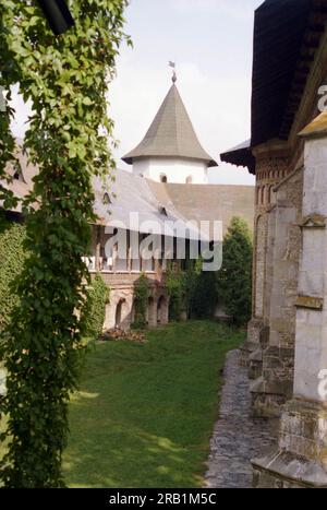 Neamt County, Romania, 1999. Exterior view of Neamt Monastery, a historical monument from the 14th century. Stock Photo