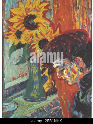 Head of a Woman in Front of Sunflowers by Ernst Ludwig Kirchner Stock Photo