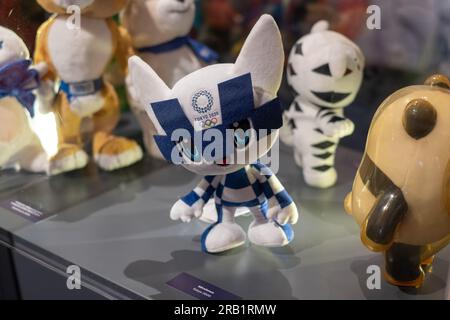 Tartu, Estonia - June 10, 2023: Olympic mascot doll Miraitowa from Tokyo 2020. Stock Photo